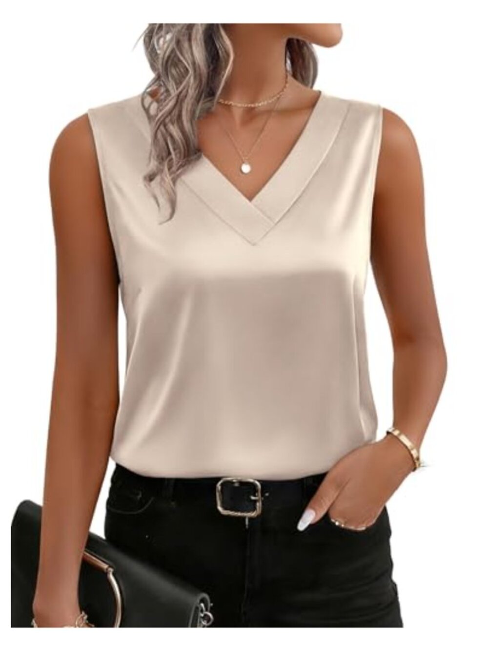 Satin V Neck Tank Top Sleeveless Business Casual Blouse